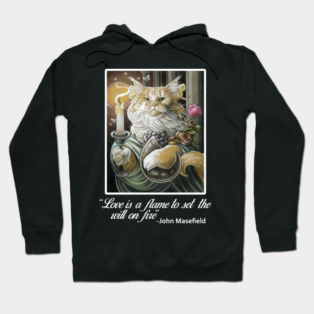 Candle Light Cat - Love Is A Flame Quote - White Outlined Version Hoodie by Nat Ewert Art